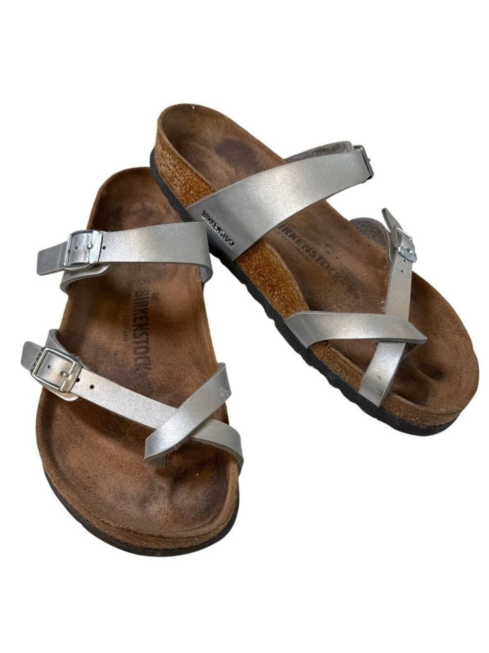 Birkenstock Mayari Birko-Flor Leather Sandals~Size 8~Silver Criss Cross P19 09